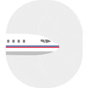 A side-view illustration that portrays a white jetliner with Chevron-colored red and blue horizontal stripes inside an oval airplane window-shaped light gray background