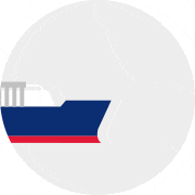 A side-view illustration that portrays the front of an ocean liner painted in Chevron-brand colors with a white deck, blue body and red hull inside a circular light gray background