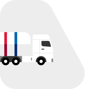 A side-view illustration that portrays the front of a white commercial truck with Chevron-colored vertical stripes inside a truck window-shaped light gray background