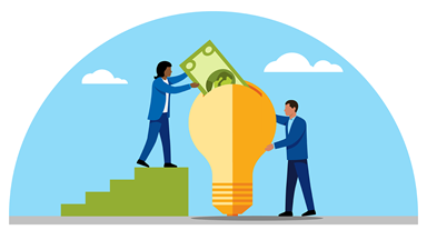 illustration of 2 individuals, one on a step placing a paper note into the slot of a giant light bulb being held by the other